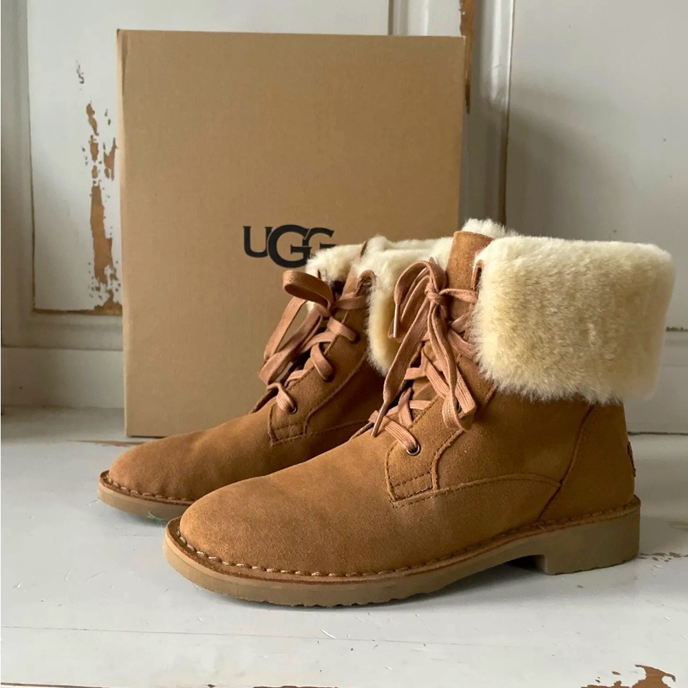 NIB UGG WOMEN'S WEYLYN SUEDE SHEARLING ANKLE BOOTS BOOTIES CHESTNUT